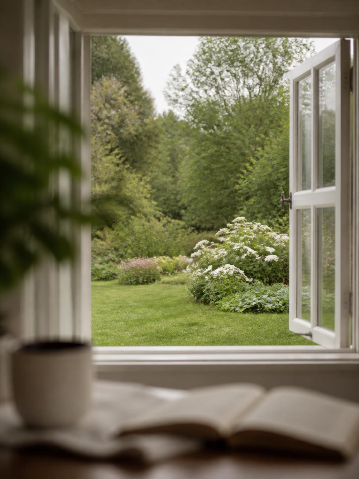 A calm therapy room looking out onto a peaceful garden